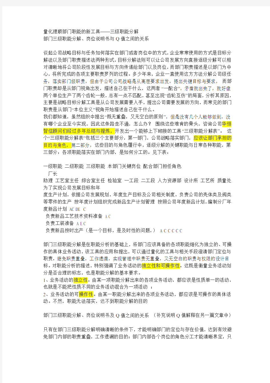 经典三级职能分解案例word版本