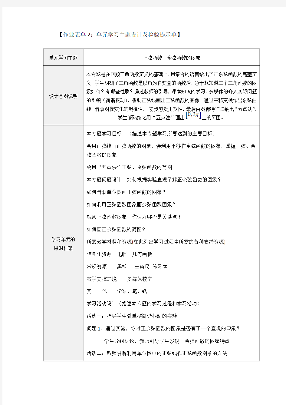 作业表单2：单元学习主题设计及检验提示单(《三角函数的图象与性质》主题单元设计)