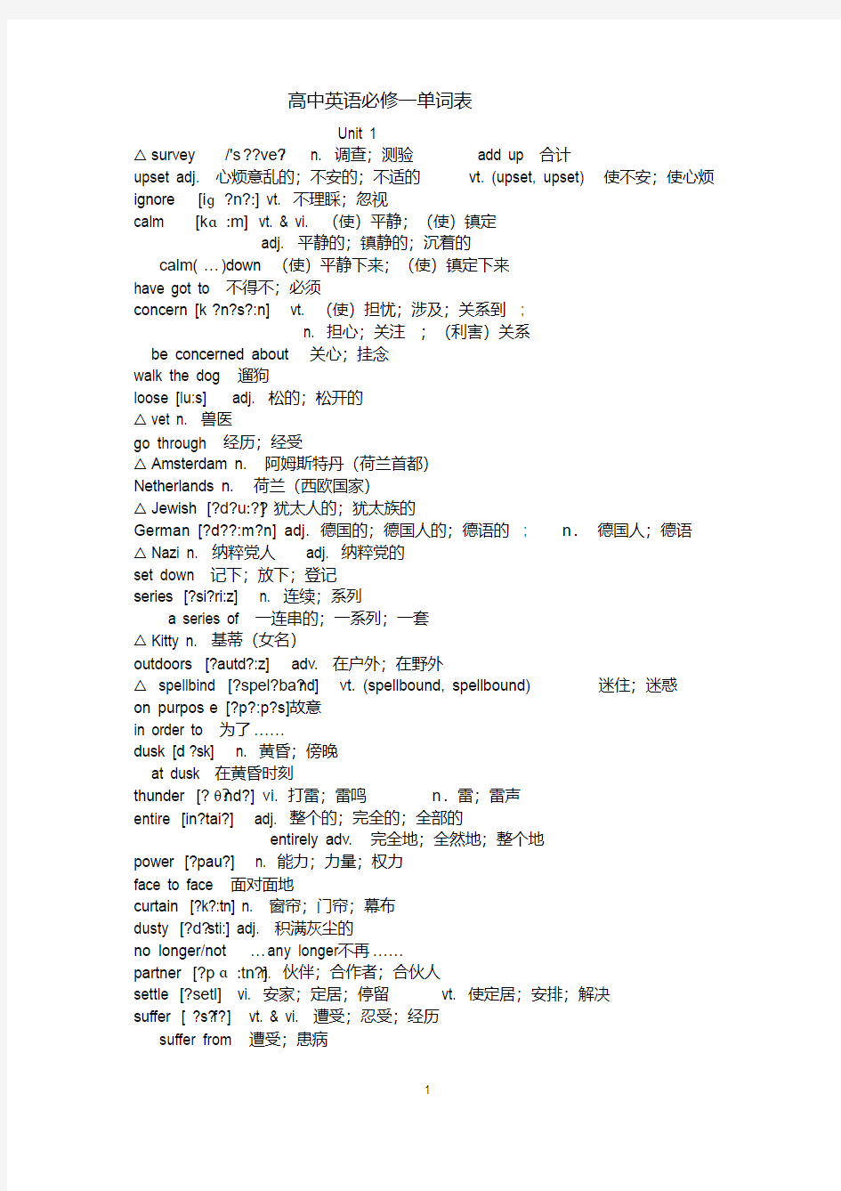 (完整word版)高中英语人教版必修1单词表(带音标)