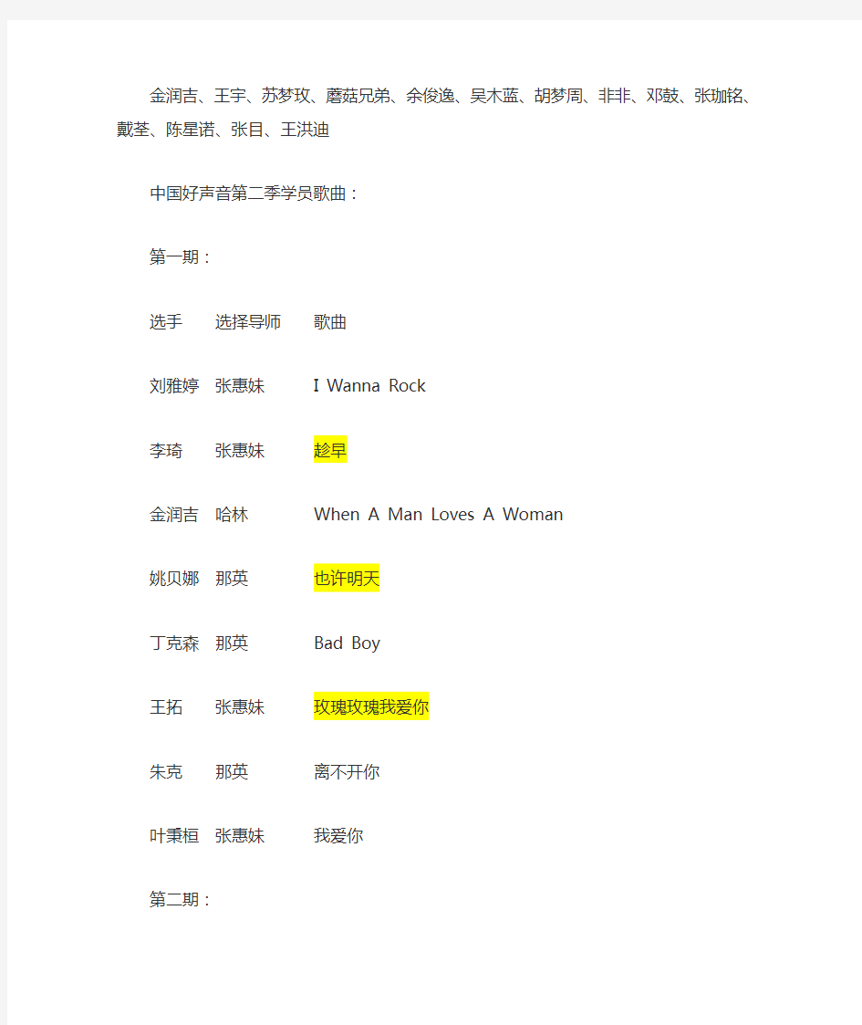 中国好声音第二季学员名单、中国好声音第二季学员歌曲