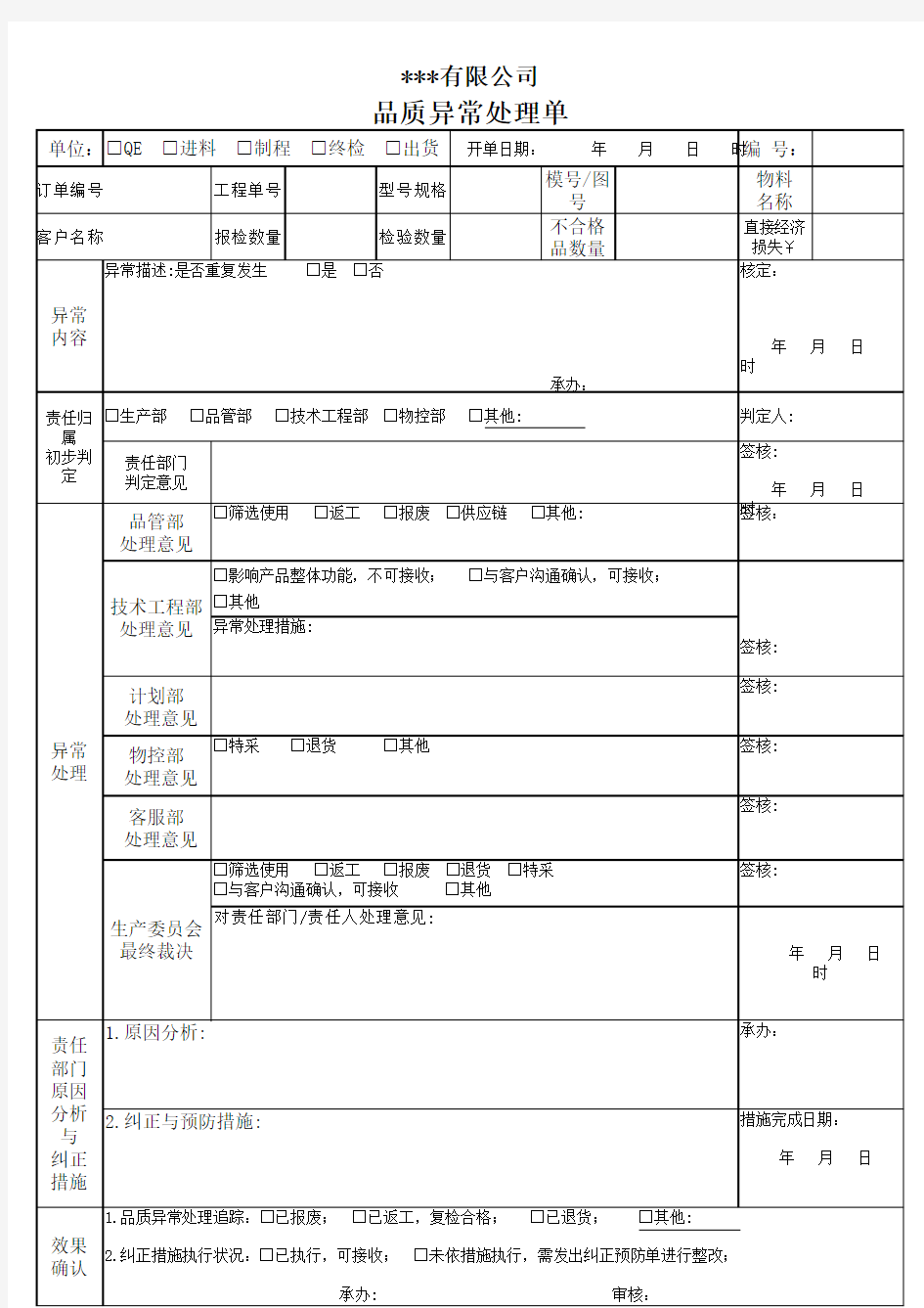 品质异常处理单