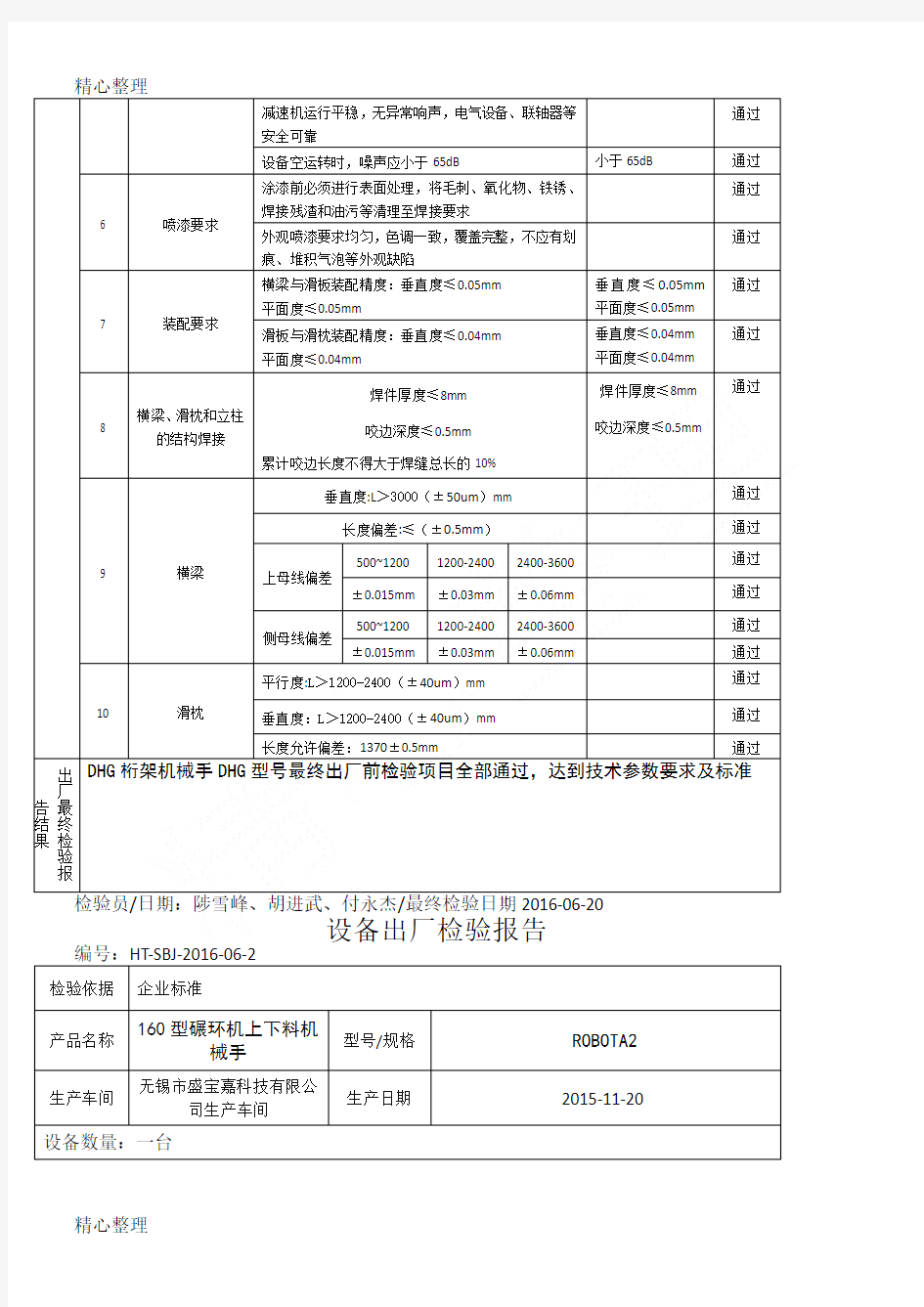 设备出厂检验报告资料