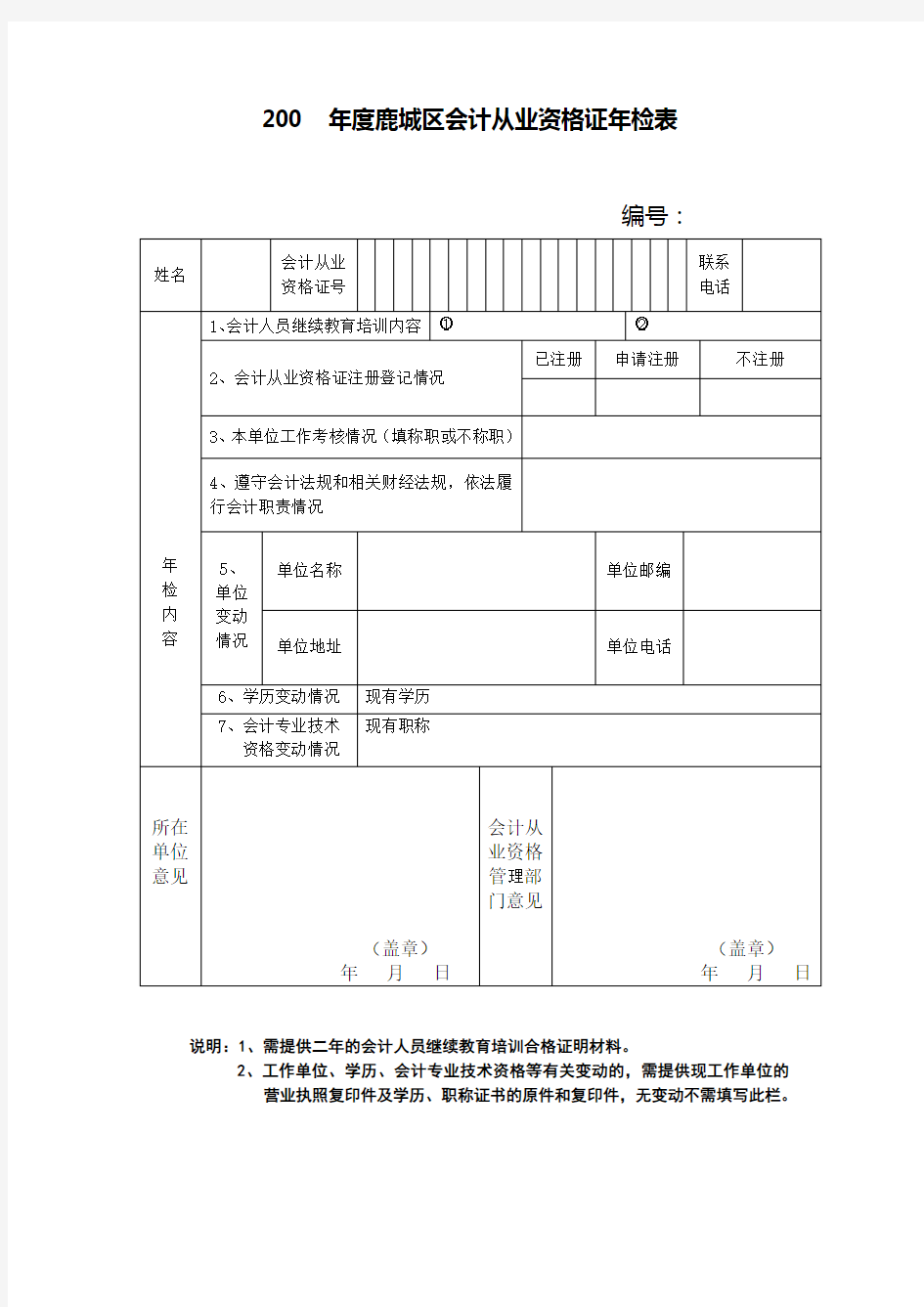 200年度鹿城区会计从业资格证年检表