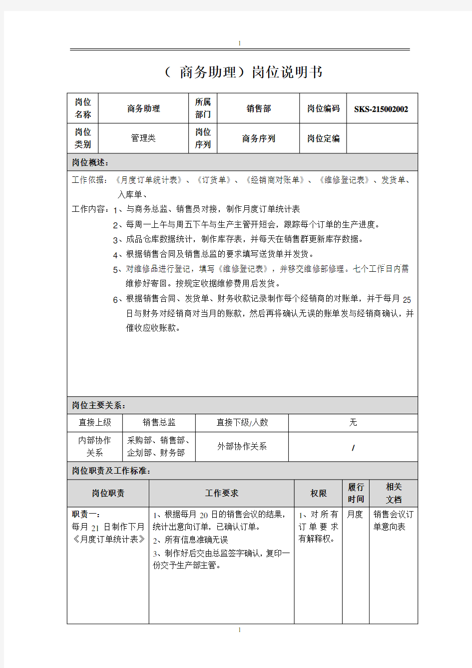 商务助理岗位说明书