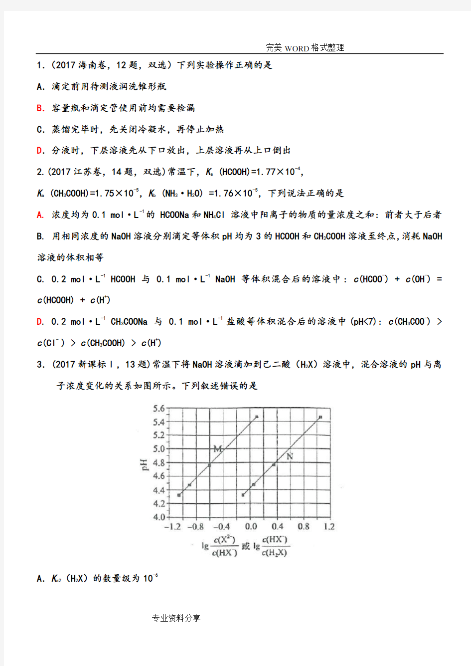 (完整word版)水溶液中的离子平衡高考真题(2018年-2012年)