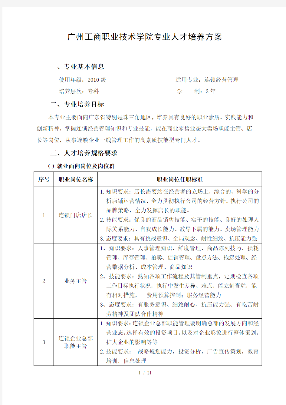 连锁经营管理专业人才培养方案DOC