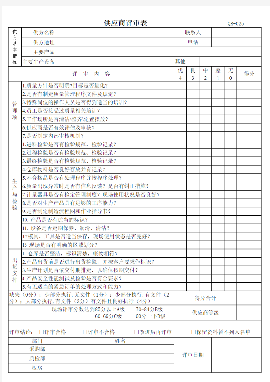 供应商稽核表