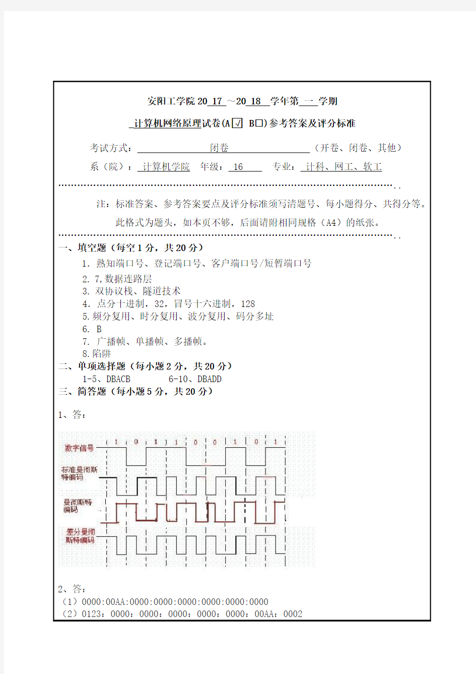 2017-2018计算机网络原理试卷A答案