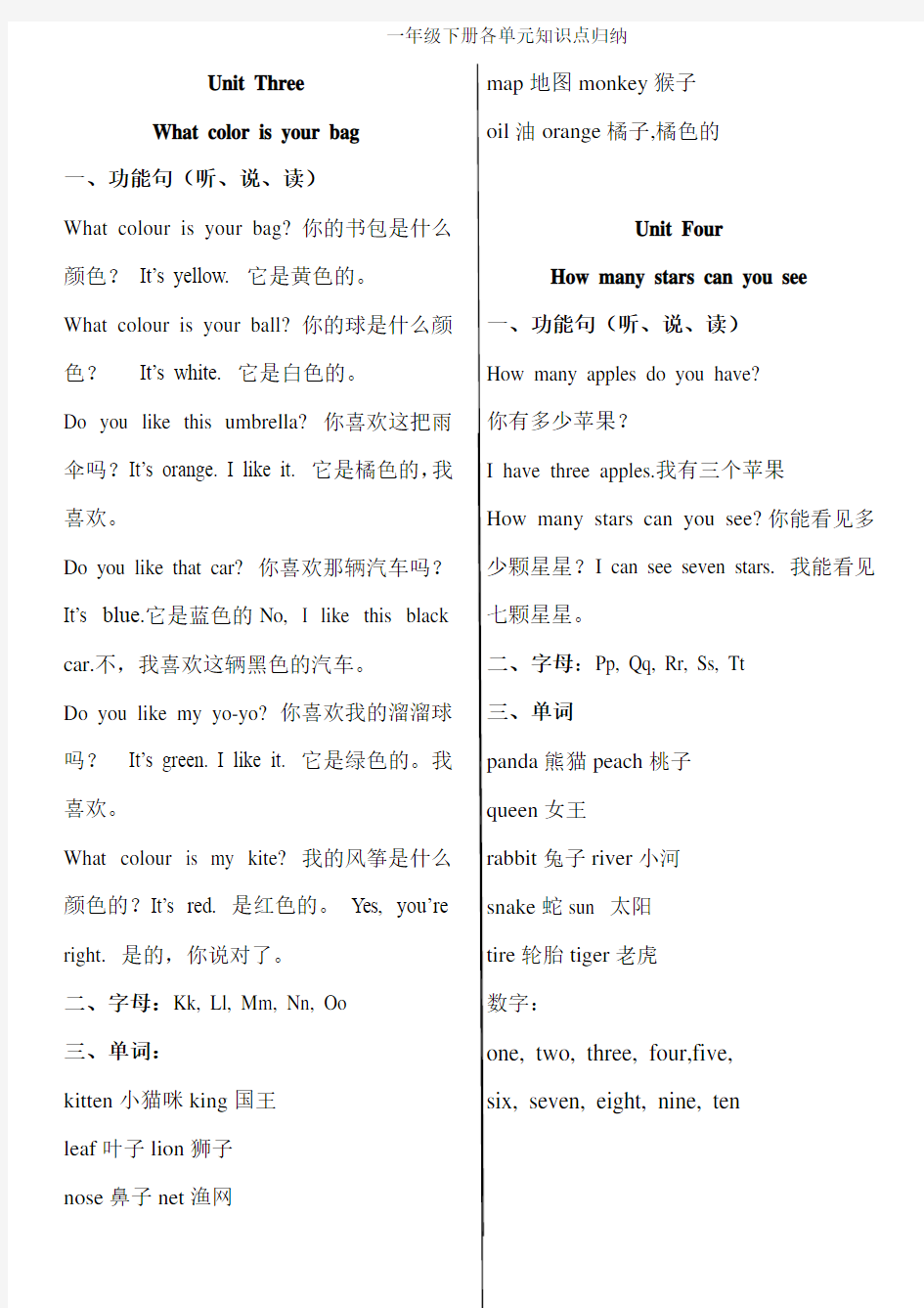 北京版一年级下册英语各单元重点总结
