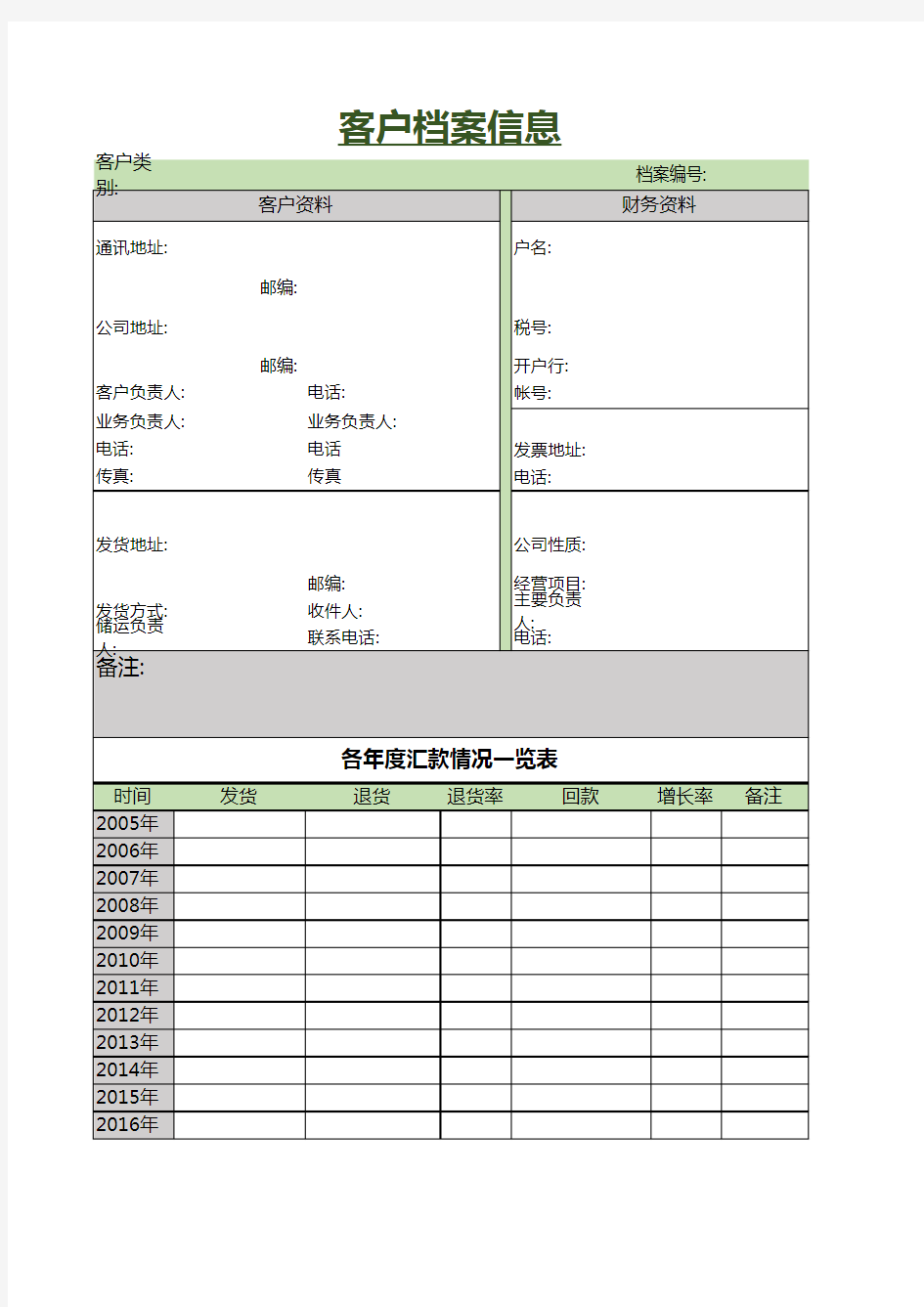 公司客户档案信息Excel模板(标准模板)