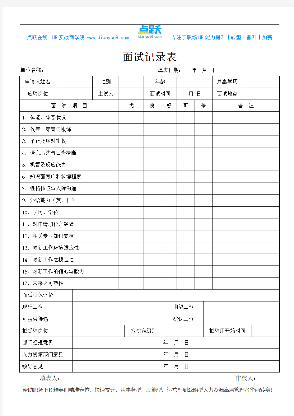 HR常用表-面试记录表