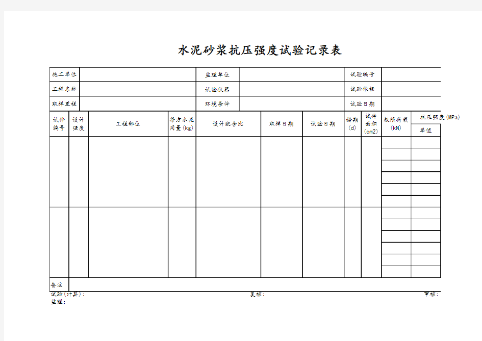 水泥砂浆抗压强度试验记录表