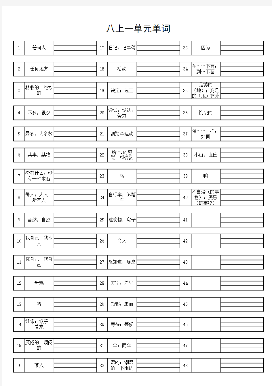 人教版八年级英语上册单词表训练 填空版 