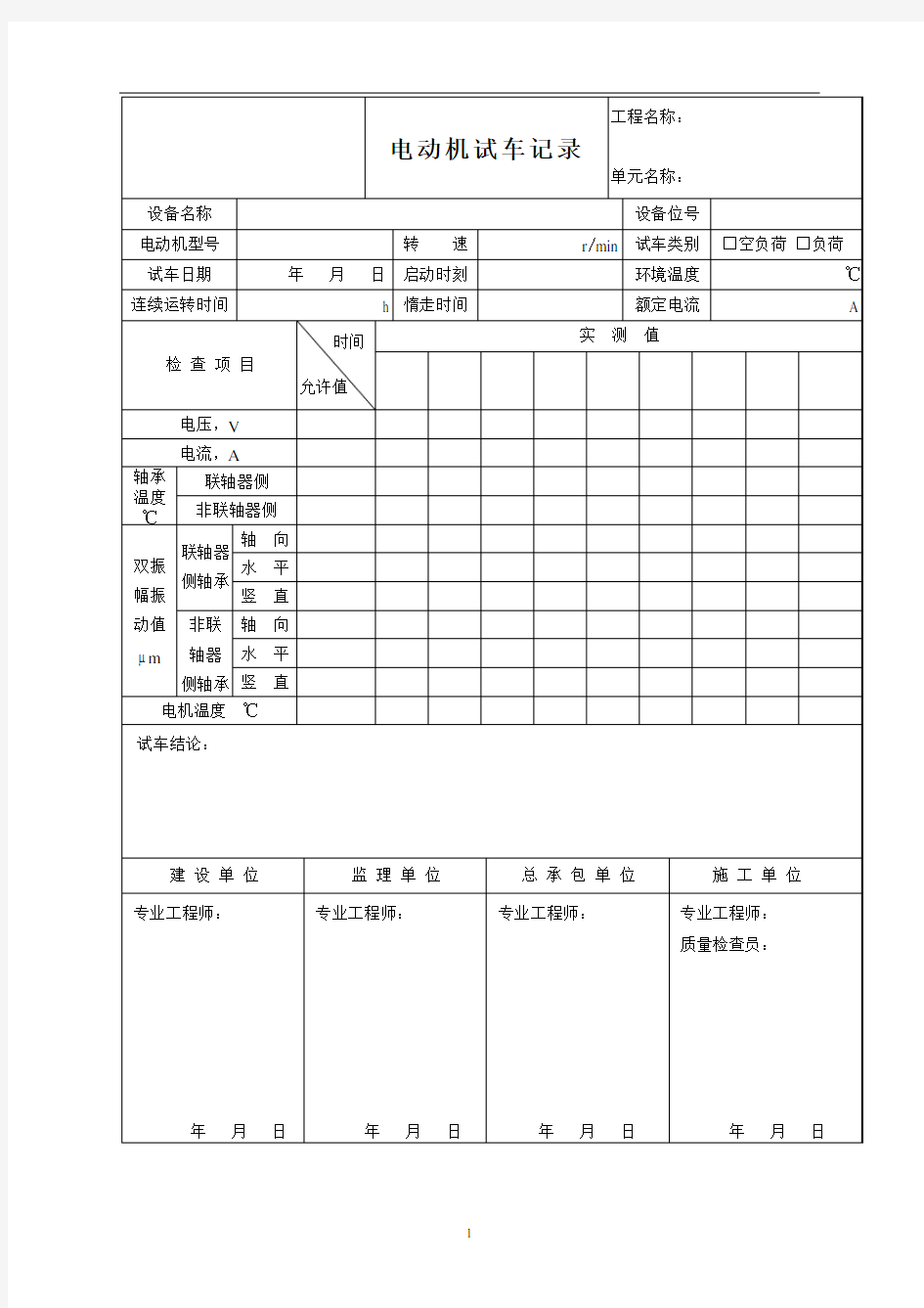 电动机试车记录