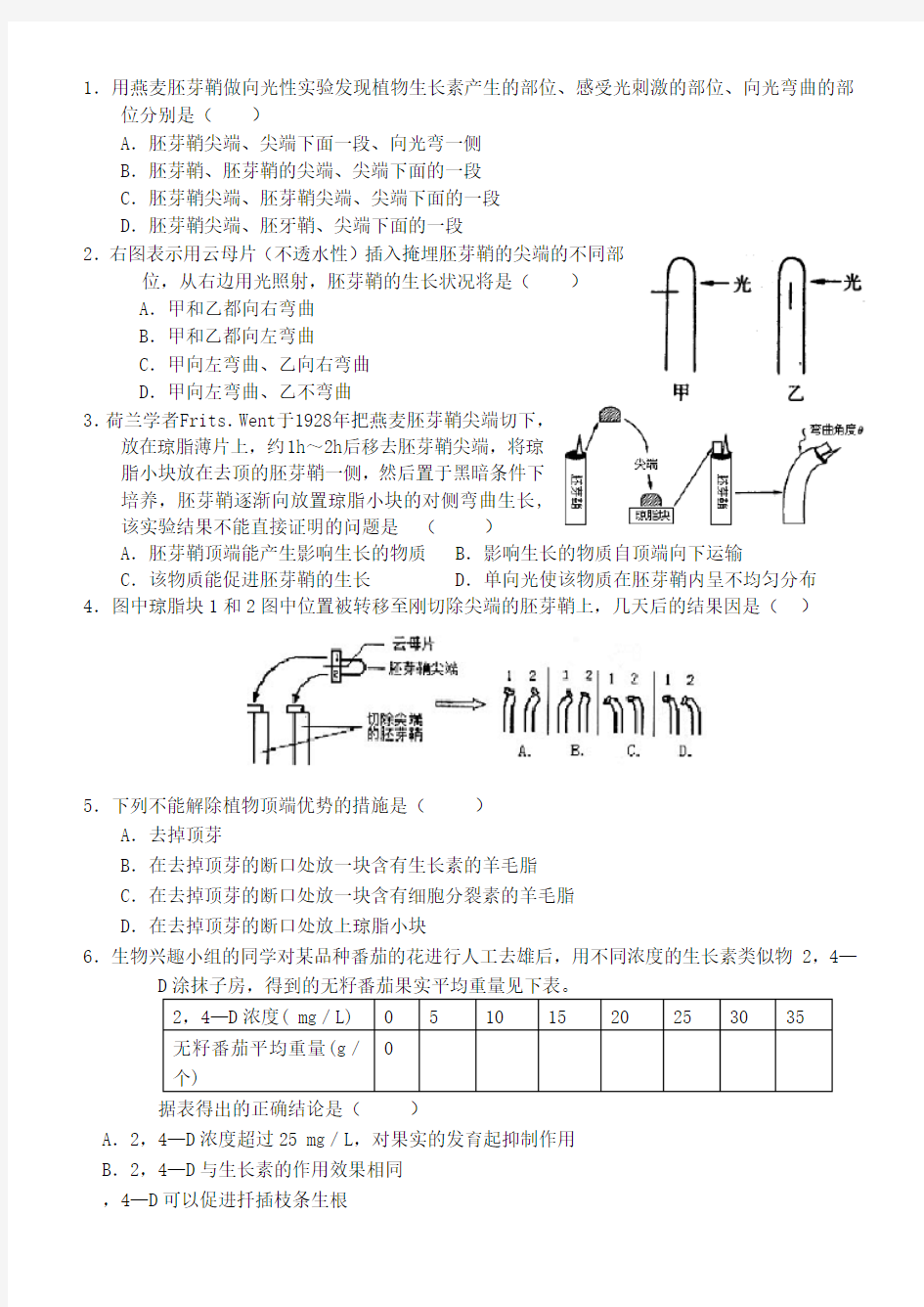 高二生物植物的激素调节练习题