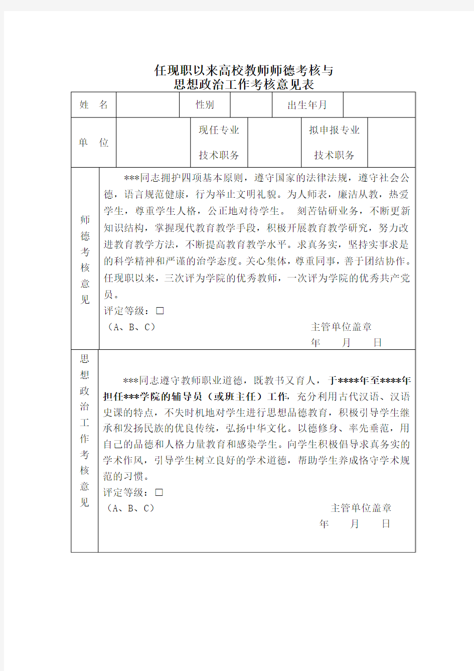 任现职以来高校教师师德考核与思想政治工作考核意见表范例