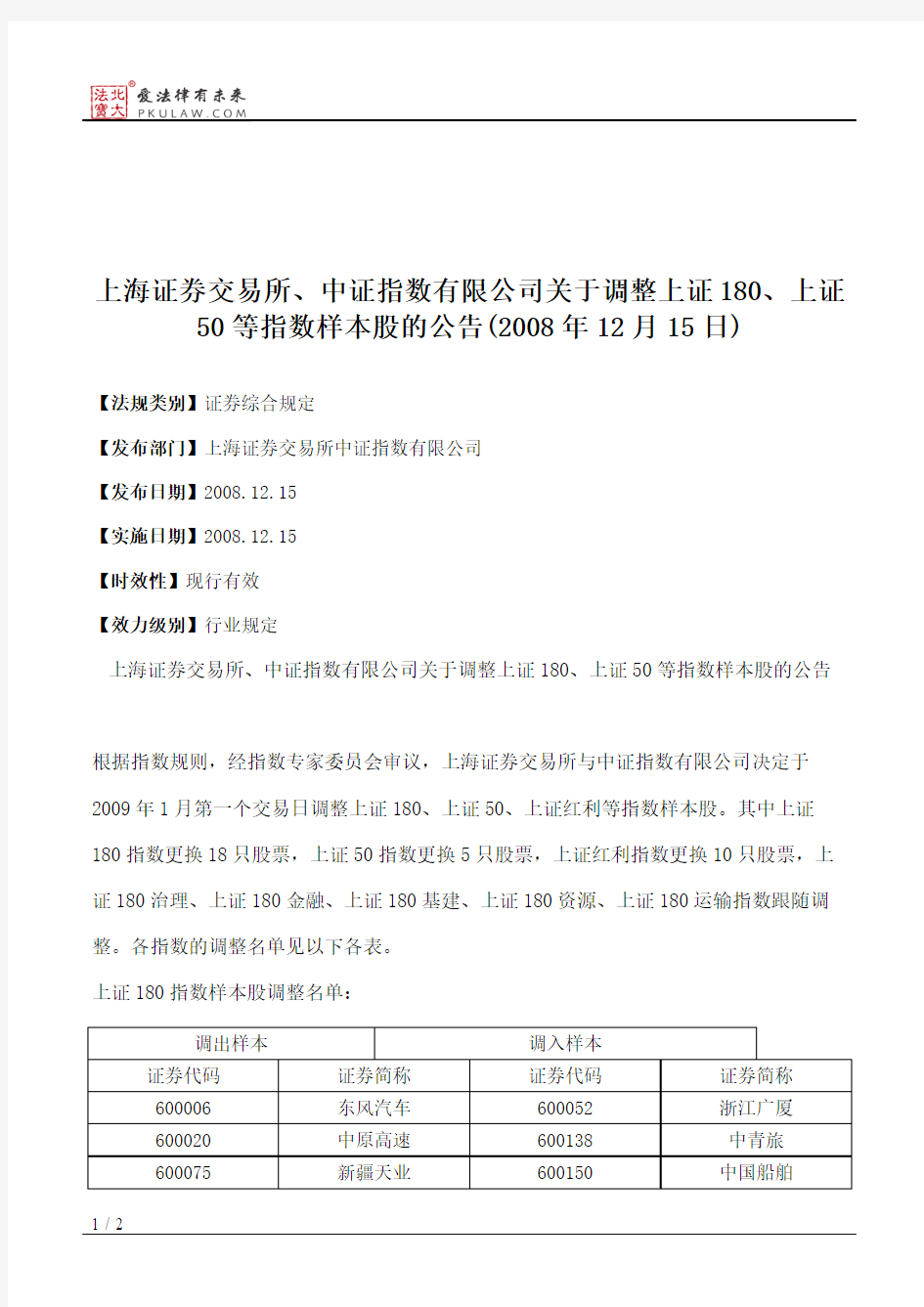 上海证券交易所、中证指数有限公司关于调整上证180、上证50等指数