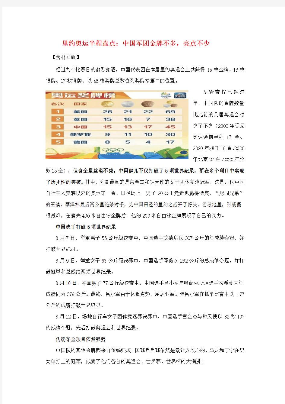 2020高考语文 作文备考素材 里约奥运半程盘点：中国军团金牌不多,亮点不少