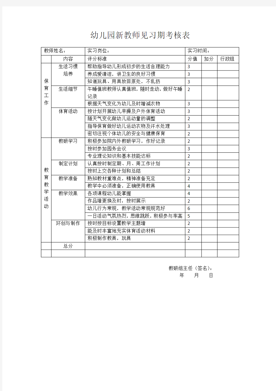 新教师见习期考核表