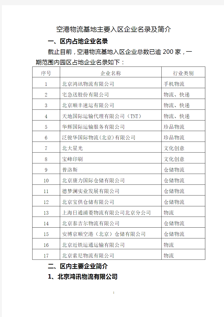 空港物流基地主要入区企业名录及简介