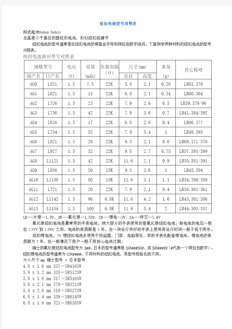 纽扣电池型号对照表