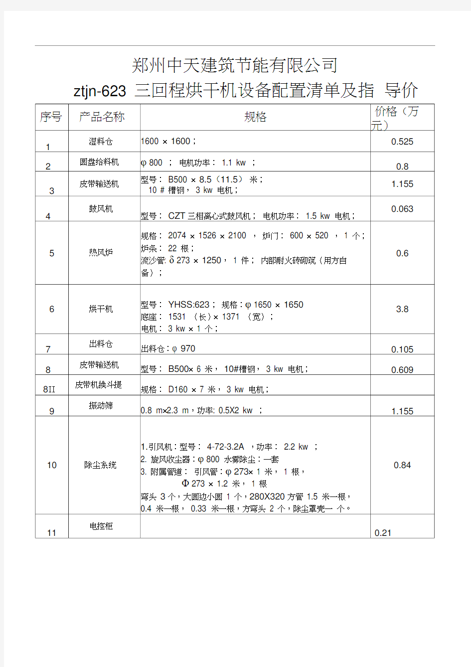 三回程烘干砂设备技术参数