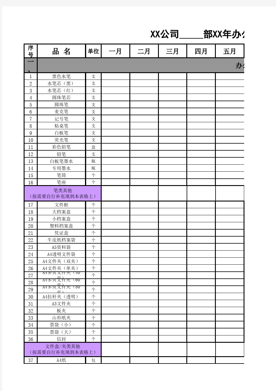 各部门办公用品行政预算表