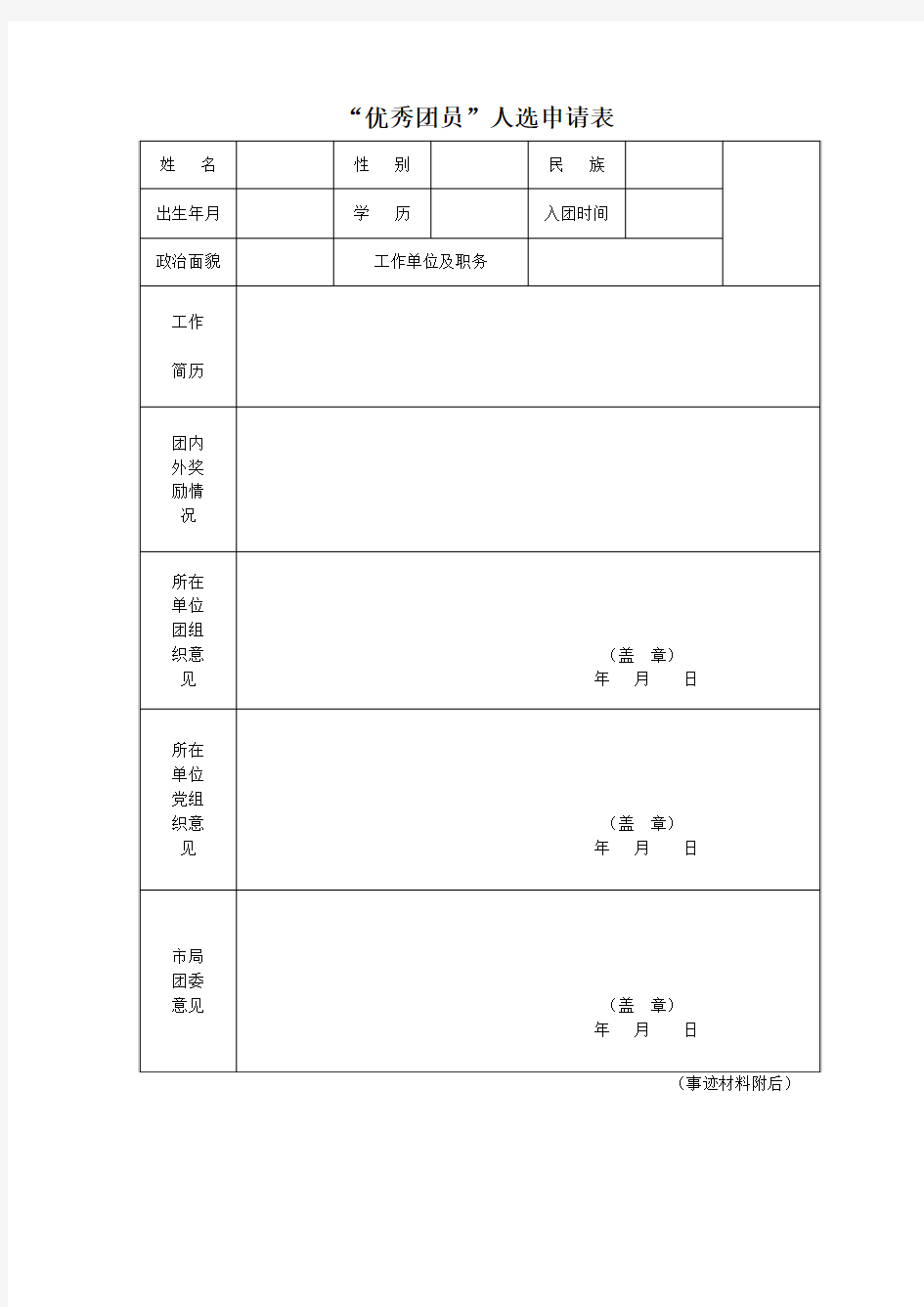 优秀团员申请表