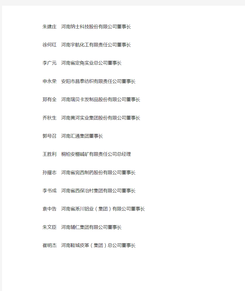 河南省优秀民营企业家名单