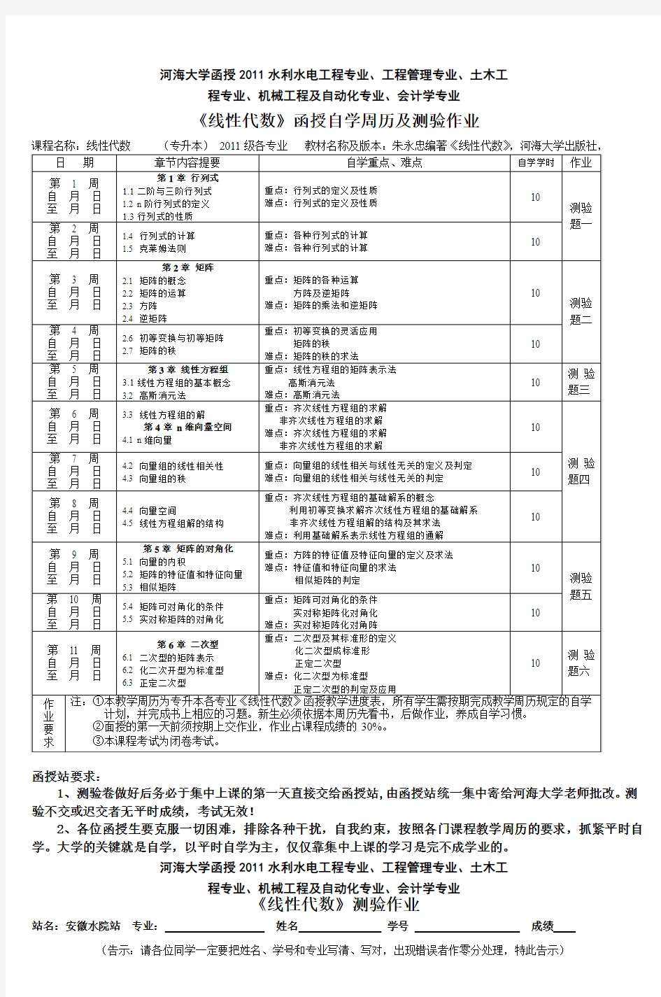 线性代数函授自学周历及测验作业