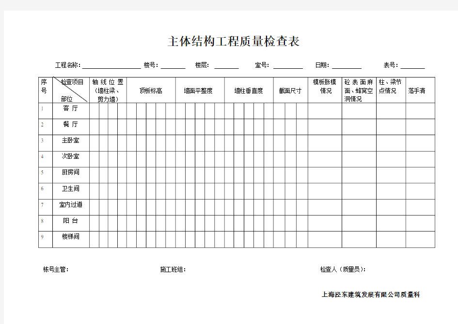 主体结构工程质量检查表