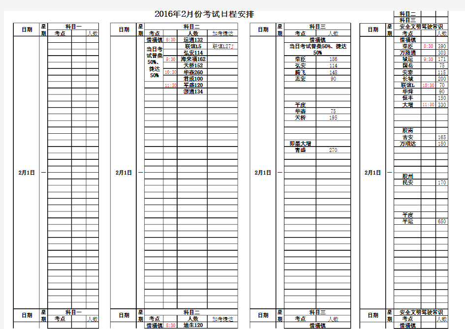 2016年2月份青岛惜福镇驾校考试计划日程安排(科目一,科目二,科目三,科目四)