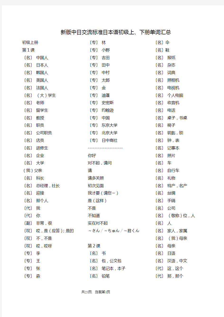 新版中日交流标准日本语初级上下册单词测试