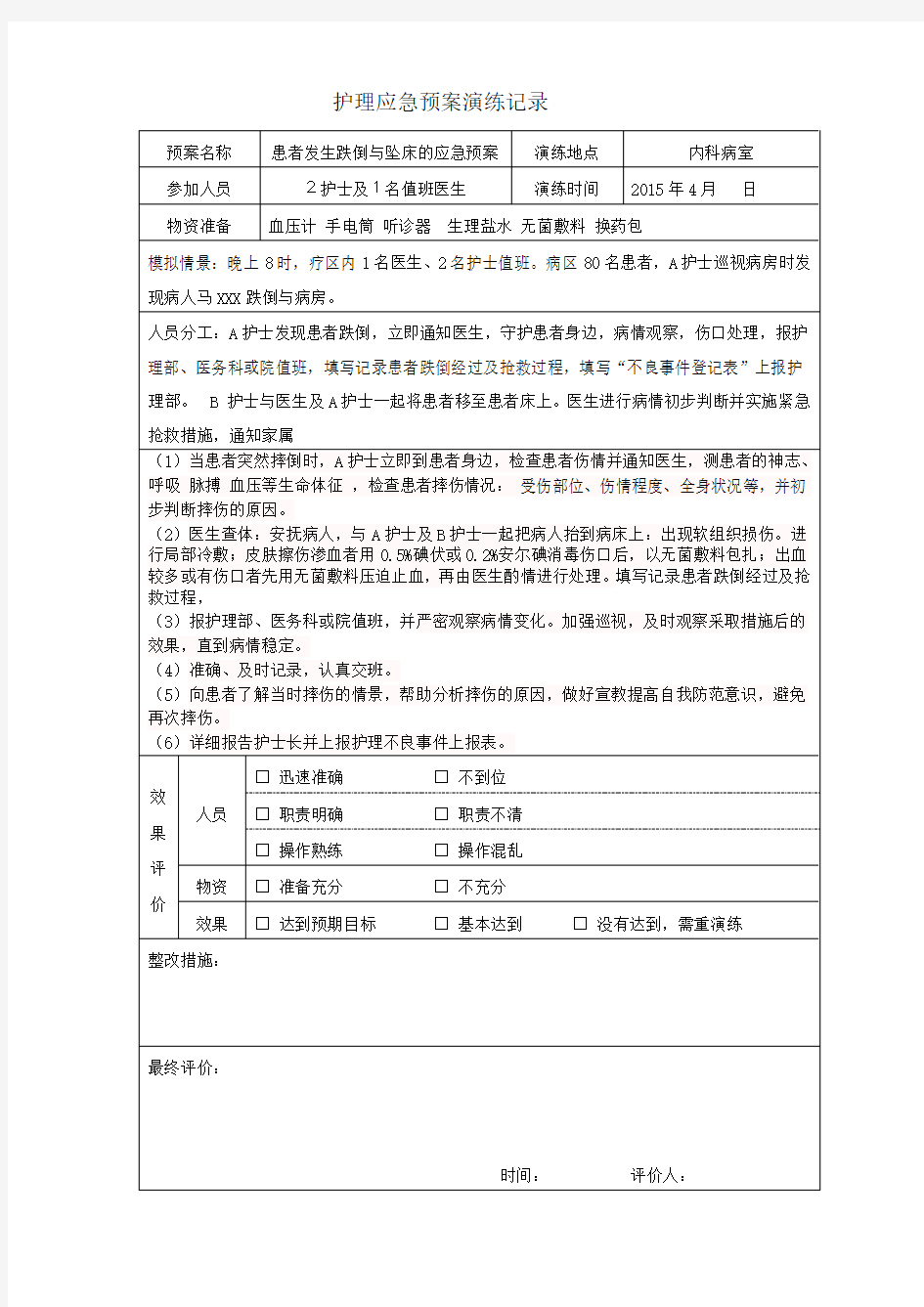 跌倒护理应急预案演练记录