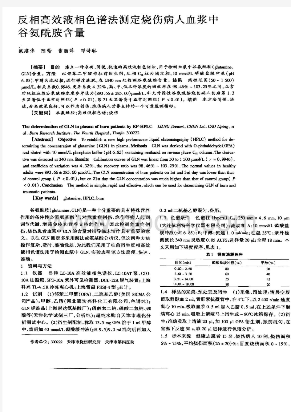 反相高效液相色谱法测定烧伤病人血浆中谷氨酰胺含量