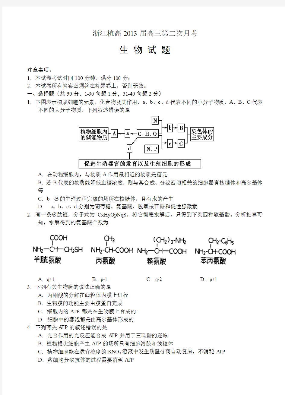 浙江省杭州高中2013届高三上学期第二次月考生物试题