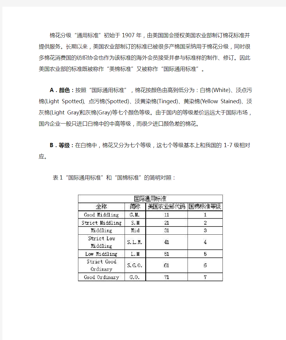 棉花分级“通用标准”及同中国棉花标准简明对照