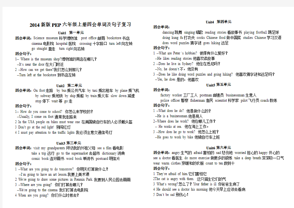 2014新版PEP六年级上册四会单词及句子复习(打印版)