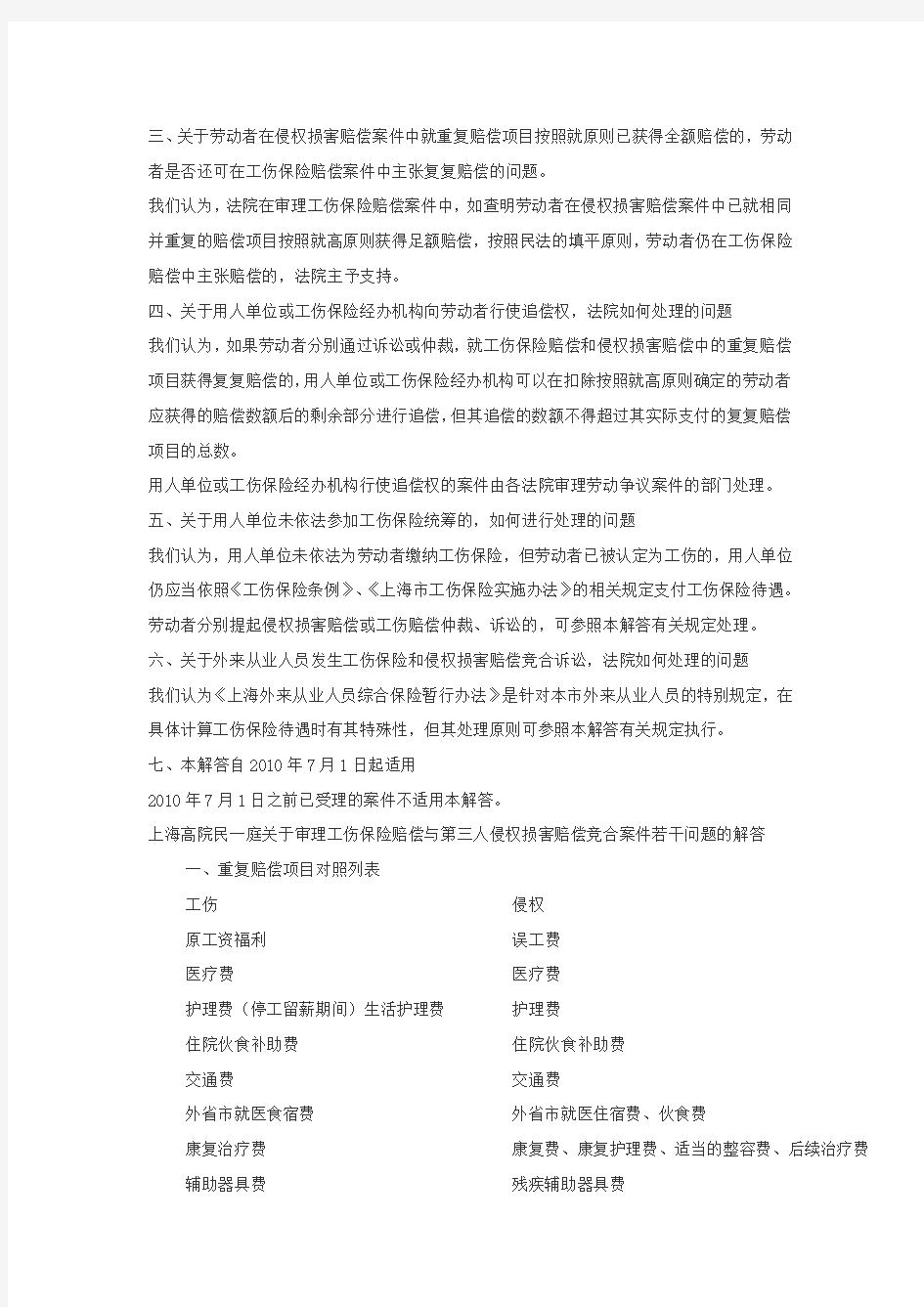 上海高院关于审理工伤赔偿与第三人侵权竞合案件问题的解答