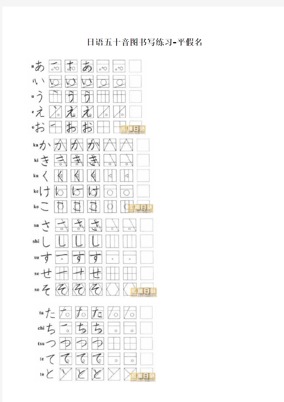 日语五十音图书写练习(含平假名片假名笔顺)