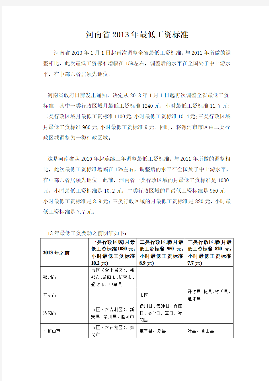 河南省2013年最低工资标准