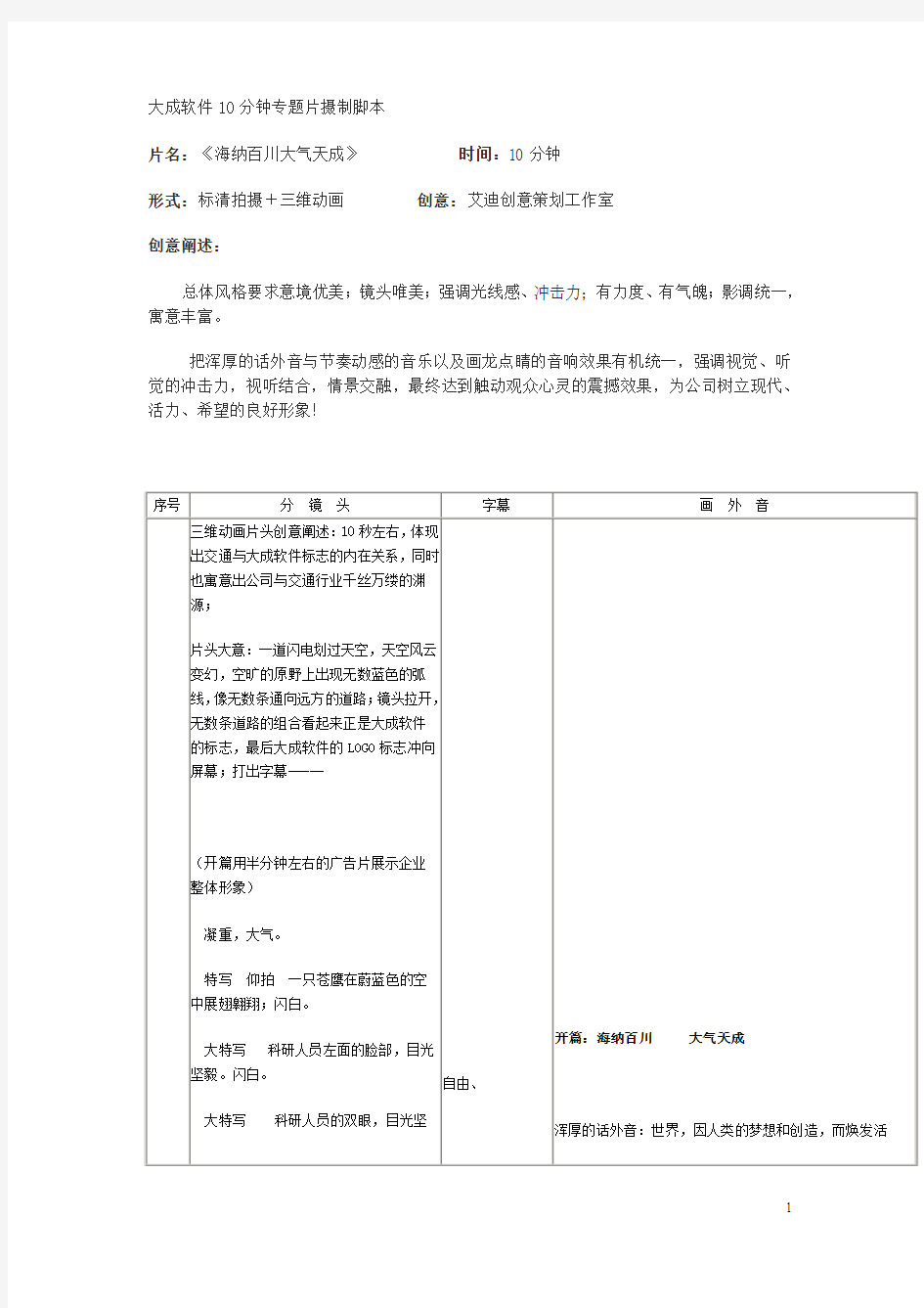 《海纳百川大气天成》大成软件10分钟专题片摄制脚本