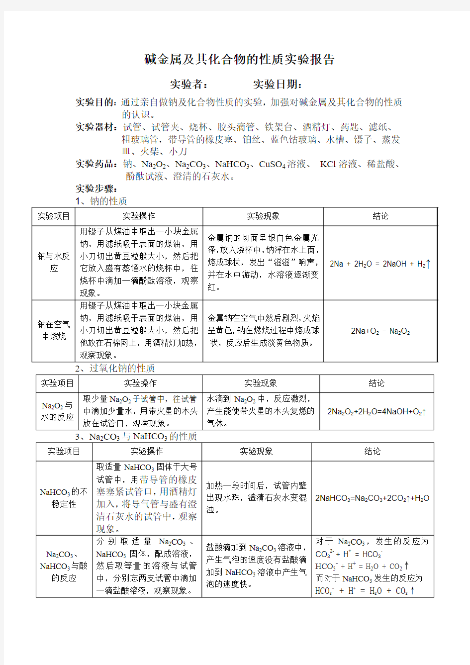 碱金属及其化合物的性质实验报告