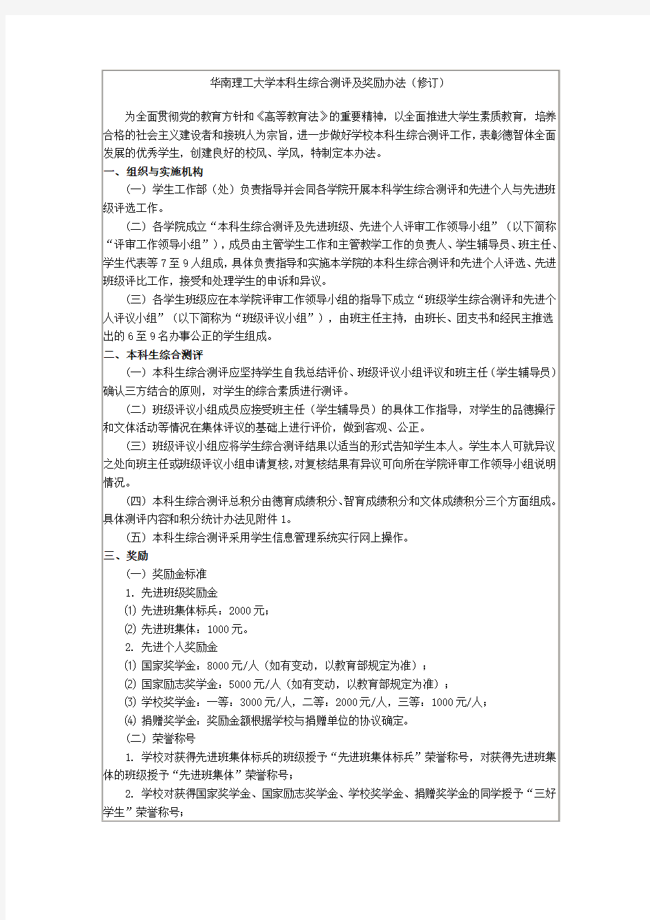 华南理工大学本科生综合测评及奖励办法