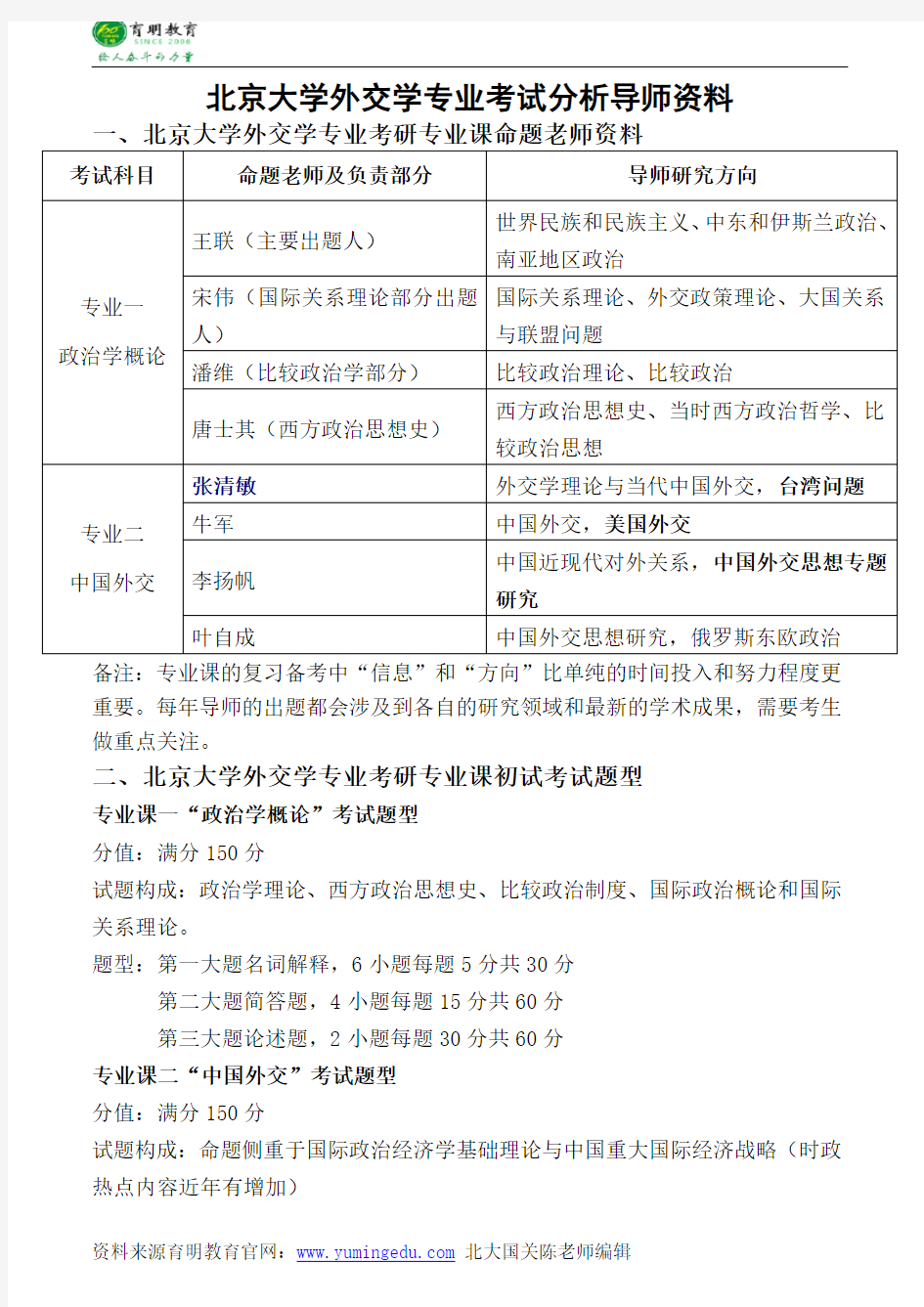 2016年北京大学外交学专业考试内容中国外交复习资料真题讲解辅导课程班