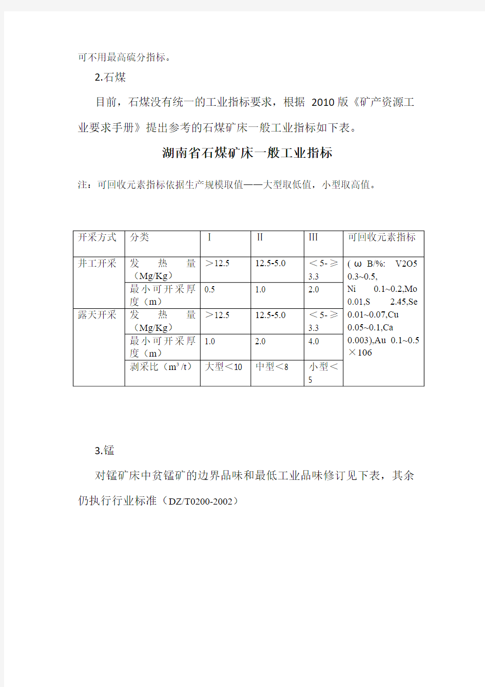 湖南省部分矿种矿床一般工业指标