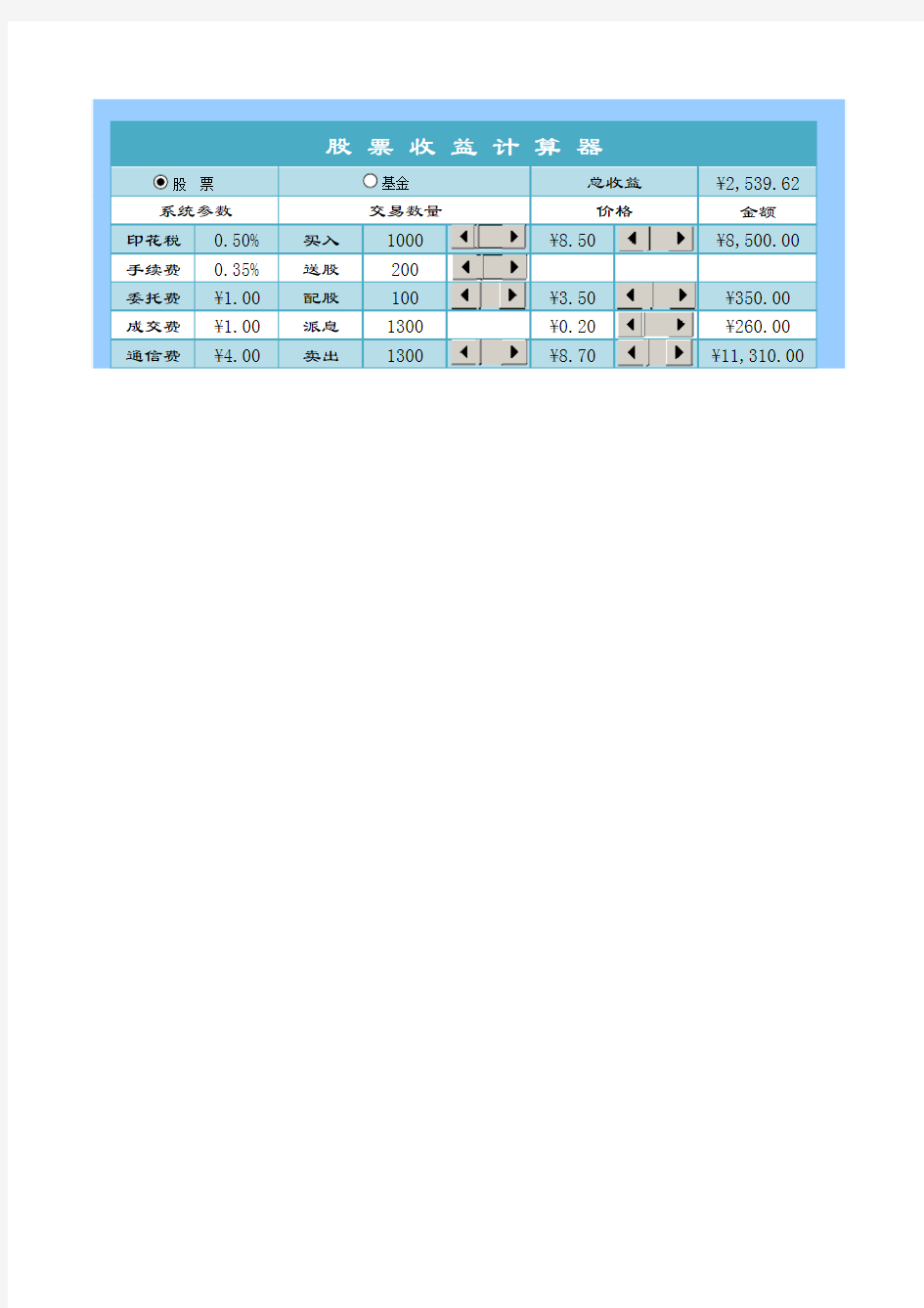 【Excel表格模板】股票收益计算器模板