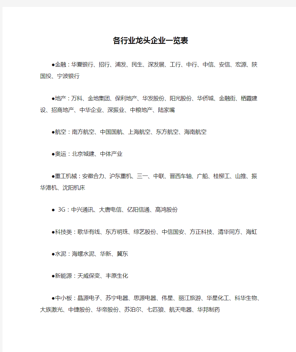 各行业龙头企业一览表