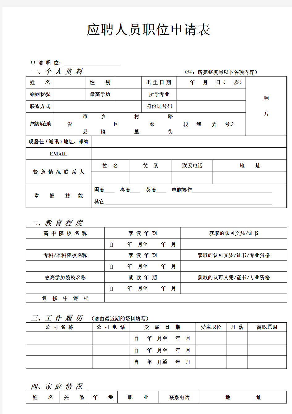 应聘人员职位申请表