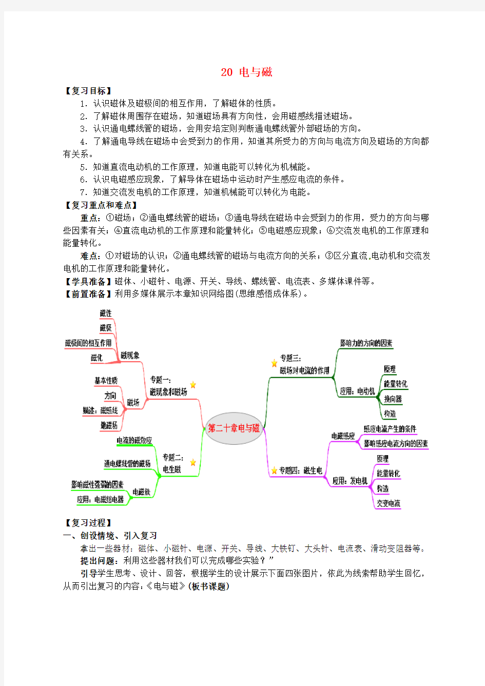 人教版九年级物理全册20电与磁复习教案